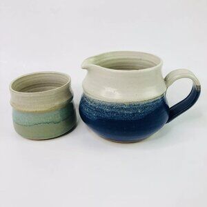 Bowler Pottery Collection Pitcher Mini Creamer Cup Clay Pot Stoneware Blue Glaze